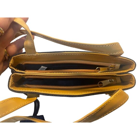 Denim & Faux Leather Crossbody Handbag With Phone Pouch Blue Tan - Picture 5 of 7